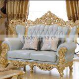 Luxury Living Furniture Wood Carving Goldfoil Light Blue Genuine Leather Sofa Set thumbnail-3