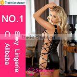 European Size Faux Leather Halter Open Bust Leather Lingerie thumbnail-2