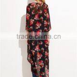 Custom Flower Print Women Soft Comfortable Beachwear Outwear Black Floral Longline Chiffon Kimono thumbnail-2