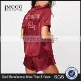 Custom Back Logo Embroidered Satin Pajama Set White Piping Short Pyjama Set Button Top With Drawstrings Shorts thumbnail-1