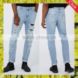2017 Wholesale Price Men Fashion Street Jeans Mid Wash Shredded Jeans