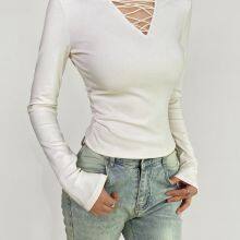 Hot Girl Pure Lust V-neck Tie Long-sleeved T-shirt Women's Spring and Autumn Slim Body Slimming Undershirt Inner and Outer Wear Short Top thumbnail-2