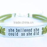 Custom She Believed She Could So She Did Leather Cord Plate Charm Bracelet