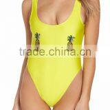 Classic Pineapple Printed Neon One Piece Swimsuit High Cut Legs Lined Without Bra Bodysuit Scooped Neck Low Cut Back Custom thumbnail-2