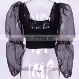 2020 New Street Look Women Autumn Lantern Sleeve Mesh Stitching Long-sleeved Multi Color Crop Top thumbnail-5