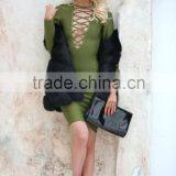 2016 Women New Winter Rose Red Yellow Army Green v Neck Bodycon Hollow Out Wholesale Knee-length Bandage Dress Dropshipping thumbnail-2