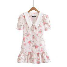 Fresh and Cute Style V-neck Puff Sleeve Collared Printed Dress for Women thumbnail-1