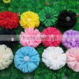 Hot Sell Children Hair Accessories 2.4"Solid Chiffon Flower With Polka Dot Button for Kids Hair Accessories IN STOCK thumbnail-1