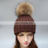 Wholesale Latest UK Style Acrylic Crochet Hat With Raccoon Fur Poms Knit Hat thumbnail-2