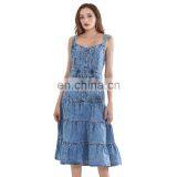 TWOTWINSTYLE Square Collar Sleeveless High Waist Cross Sling Midi Ladies Denim Dresses thumbnail-2