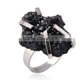 Natural Real Rough Drusy Black Agate Crystal Amethyst Rings Gemstone Ring With Adjustable Metal Women Finger Jewelry thumbnail-2