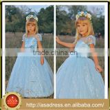 LBFG14 Aqua Blue Crepe Ball Gown Wedding Party Dress Flower Girl Dress Short Sleeve Girl Dress with Belt for Weddings