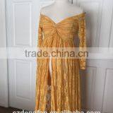 Gold Split Lace Off Shoulder Long Sleeves Maternity Gown Dress Pregnant Woman Mustard Lace Maxi Dress thumbnail-5