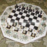 Indian Marble Inlay Chess Design Table Top, Marble Inlay Coffee Table Top