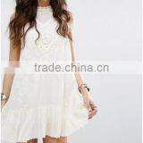 Women Summer Bohemian Casual Wear, Swing Style Ivory Top Woven Lace Cotton Mini Dress thumbnail-2