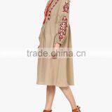 Boho Ukrainian Designs Beige Embroidered Shift Dress Bohemian Clothing Style Long Sleeve Maxi Dress HSd5083 thumbnail-4