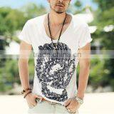 2016 Men Deep V Neck Summer Cotton Skull Print Slim T Shirt thumbnail-1
