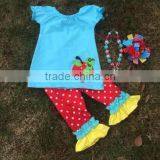2016 New Hot Baby Girls Blue Apple White Dot Capri Set Outfits With Matching Necklace and Bow thumbnail-1