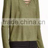 Ladies Wearing Hand Knitted Wool Sweaters With Lacing V-Neck Design thumbnail-3