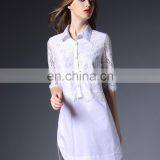 OEM/ODM Mini Order Fashion Women Scallop Lace Half Sleeves Summer Sexy Office Lady White Shirt Dress thumbnail-5