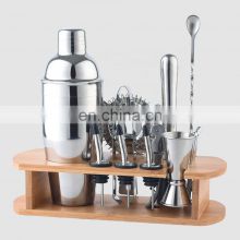 Creation Custom Logo 700ml Silver Metal Bar Tools Bartender Kit 304 Stainless Steel Cocktail Shaker Set With Bamboo Stand