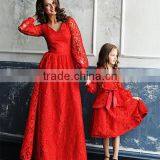 Red Long Sleeve Maxi Dress A Line Mommy And Me Lace Women Baby Party Dress thumbnail-1