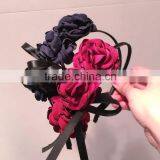 Burnt Fabric Flower Headband,Red Balck Rose Flower Headband For Adult thumbnail-1