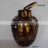 Aluminium vase shape metal Lantern with hand cut round patterns in antique brass