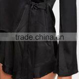 Women V Neck Wrap Pajamas With Private Label Black Long Sleeve Satin Pyjamas Set With Frilled Shorts thumbnail-3