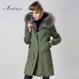 New Design Real Raccoon Collar Grey Long Fur Coat in High Quality