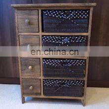 Brown Chest of Drawers Shabby Chic Storage Unit Wicker Baskets Dark Wood Cabinet thumbnail-3
