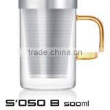 500ml Heat-resistant Glass Teacup With Stainless Steel Infuser With Golden Handle thumbnail-1