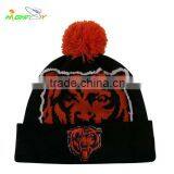 High Quality Acrylic OEM Custom Tiger Jacquard Knit Slouchy Pom Pom Beanie Hat With Embroidery Logo thumbnail-1