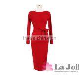 Elegant Long Sleeve One-piece Red Dress Sexy Side Split Maxi Plus Size With Belt Grown thumbnail-4