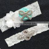White Chiffon Flower Ribbon Rolled Wedding Garter With Rhinestone Applique,Bridal Leg Garter