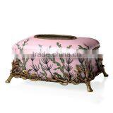 Elegant Blue & White Painted Ceramic Tissue Case With Bronze Base, Porcelain With Brass Tissue Box With Cover thumbnail-2