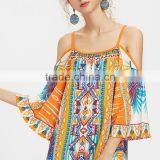 Print Kimono Sleeve Dress, Women Cold Shoulder Spaghetti Strap Dress thumbnail-5