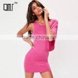 Round Neck One Shoulder Bat Sleeve Pink Women Short Bodycon Dress thumbnail-1
