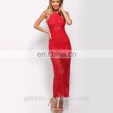 Sleeveless Mesh Stripe Detial Red Net Designer Boutique Dresses thumbnail-4