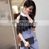 2017 Summer Stripe Dress Office Formal Collar Neck Blue White Stripe Cape Sleeve Lace Twill Patch Work Midi Dress Instock thumbnail-2
