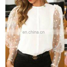 Wholesale Top Fashion Clothes Elegant Lace Wave Point Fashion Lantern Sleeve Round Neck Blouses thumbnail-5