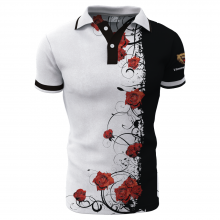 Customized Sublimation Polo Shirt of Black and White Colors With Red Rose Pattern thumbnail-1