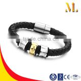 NSSL089 Black Genuine Leather men's gold and silver beads Stainless Steel Bracelet