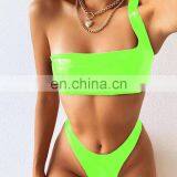 One Shoulder Bikini Shiny PU Leather Swimsuit Women Neon Swimwear Brazilian Biquini High Cut Sexy Bathing Suit Bikini Women