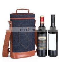 Reusable Custom Blue Denim Cooler Bag Luxury Picnic Leather Bottle 2 Pc Wine Carrier thumbnail-1