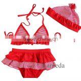 Girls Red White Stripes Tutu Bikini Swimsuit with Hat