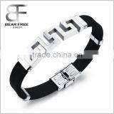 Factory Cool Mens Stainless Steel Hollow Out Greek Key Bracelet Silicone Wristband Great Wall Patterned thumbnail-1