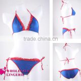 Navy blue sexy swimwear with red lace trim