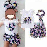 Summer Boutique Outfits Sets Children Flower Print Clothing Set Kids Clothes Matching Headband thumbnail-4