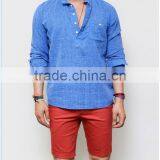 Men's Long Sleeve Blue Laid-back Holiday Linen Pull Over Henley Mandarine Shirt thumbnail-3